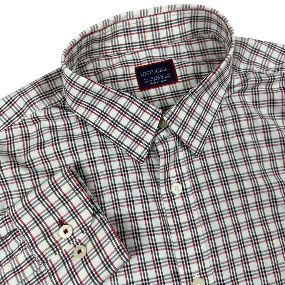 UNTUCKit Mens XL Plaid Performance Button Down Shirt Red White Blue Stretch Top